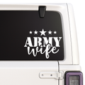 Car window with 'Army Wife' decal featuring stars on a black background