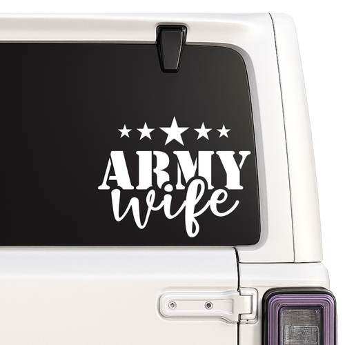 Car window with 'Army Wife' decal featuring stars on a black background
