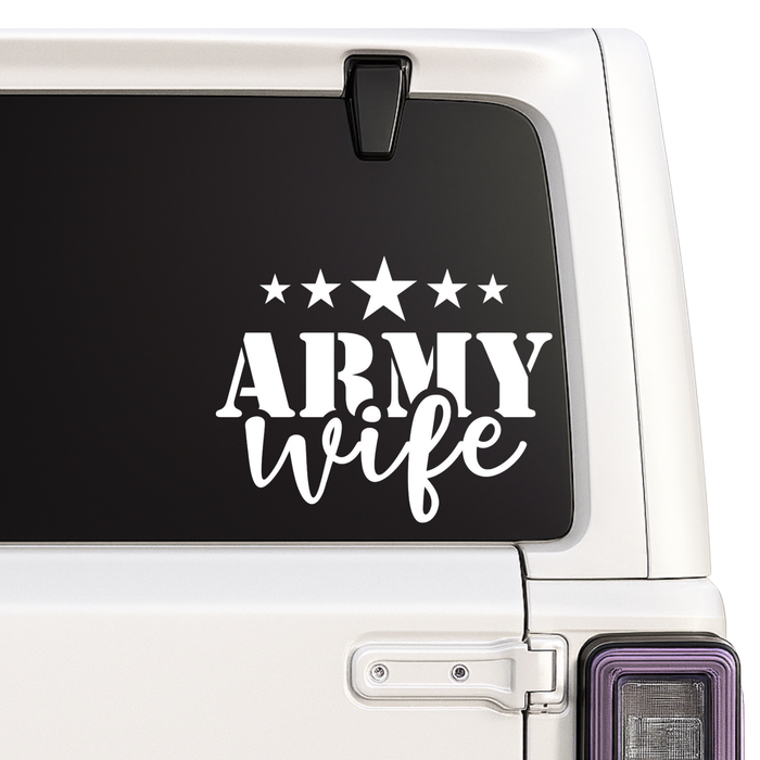 Car window with 'Army Wife' decal featuring stars on a black background