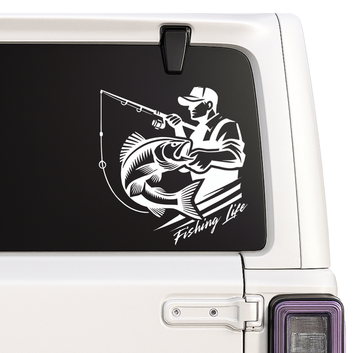 Fishing-themed decal on a vehicle window with 'Fishing Life' text.
