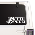 Car window with 'Need for Speed' decal on a white vehicle