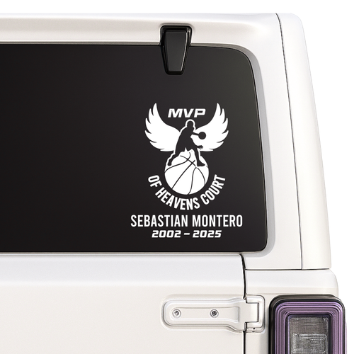 Decal with MVP of Heavens Court design on a vehicle window