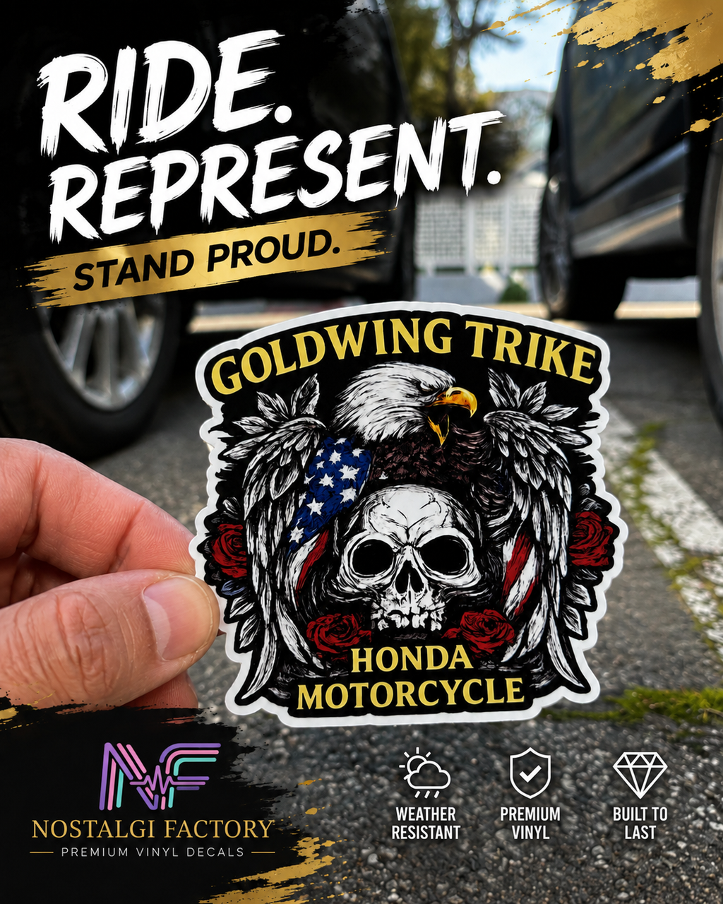 Goldwing Trike Motorcycle Sticker – Eagle Skull American Flag Weatherproof Vinyl Sticker