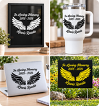 A four-panel collage showing a customizable memorial graphic printed on multiple products: a black framed print, a white insulated tumbler, a silver laptop, and a black yard sign with yellow wings. The design reads 'In Loving Memory 2005-2026' and 'Kevin Rueda' with black or yellow wing artwork.