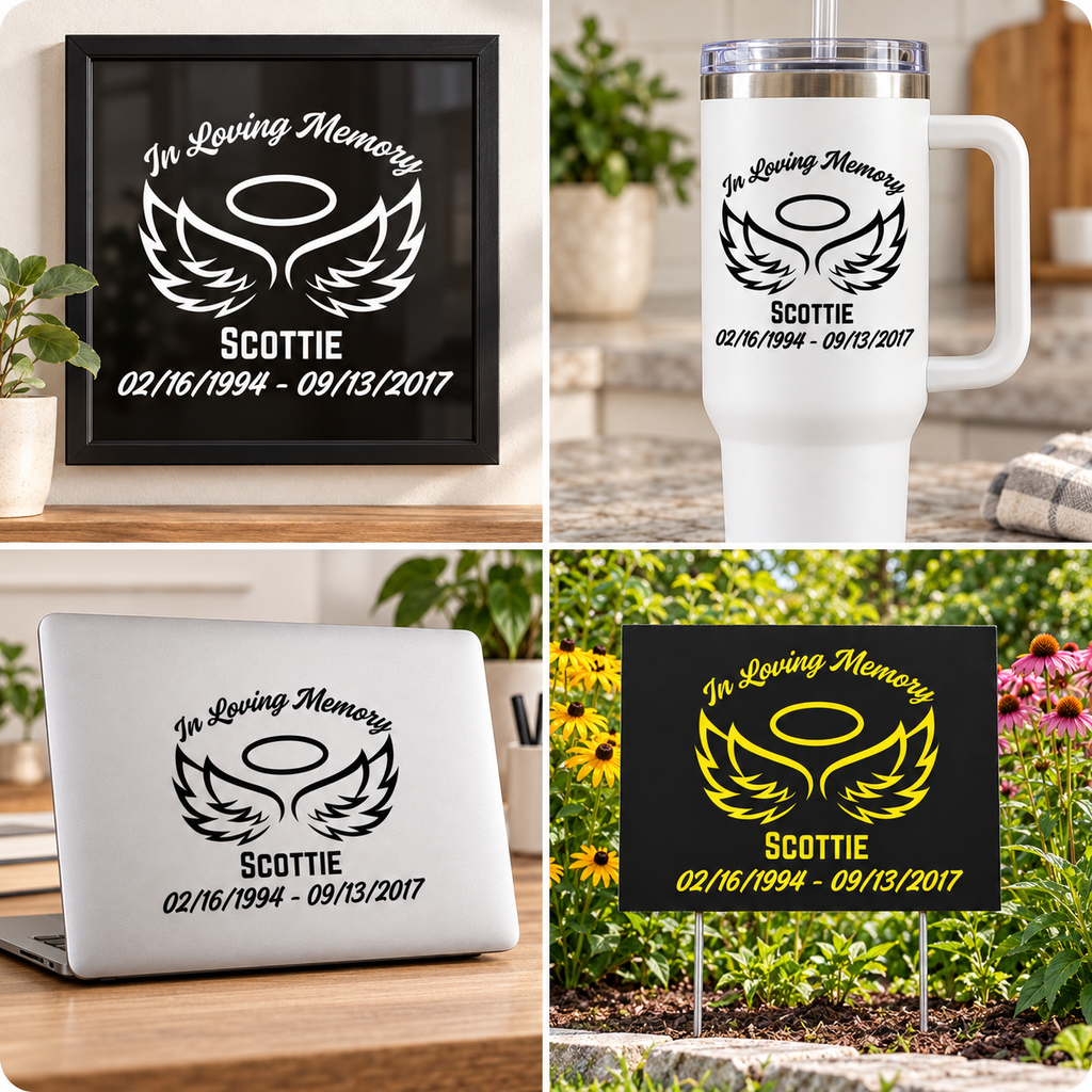 Four-panel collage showing a customizable memorial graphic printed on multiple products: a black framed sign, a white handled tumbler, a white laptop, and a black yard sign with metal stakes, all featuring the text 'In Loving Memory SCOTTIE 02/16/1994 - 09/13/2017' with an angel wings and halo design.
