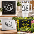 Four-panel collage showing a customizable memorial graphic printed on multiple products: a black framed sign, a white handled tumbler, a white laptop, and a black yard sign with metal stakes, all featuring the text 'In Loving Memory SCOTTIE 02/16/1994 - 09/13/2017' with an angel wings and halo design.