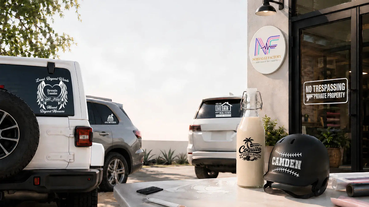 Outdoor storefront scene with branded merchandise displayed on a table, including a cream insulated bottle, a black baseball-style helmet with white stitching and 'CAMDEN' text, and a white Jeep and other vehicles parked nearby. A building entrance with a circular 'NF' logo sign and a 'NO TRESPASSING' sign is visible.