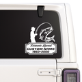 Fishing-themed decal with silhouette of a fisherman and fish on a car window.