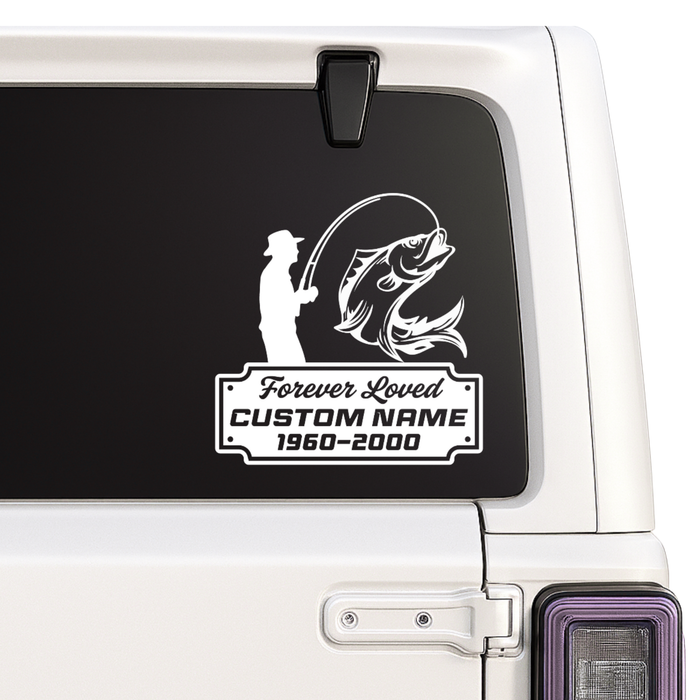Fishing-themed decal with silhouette of a fisherman and fish on a car window.