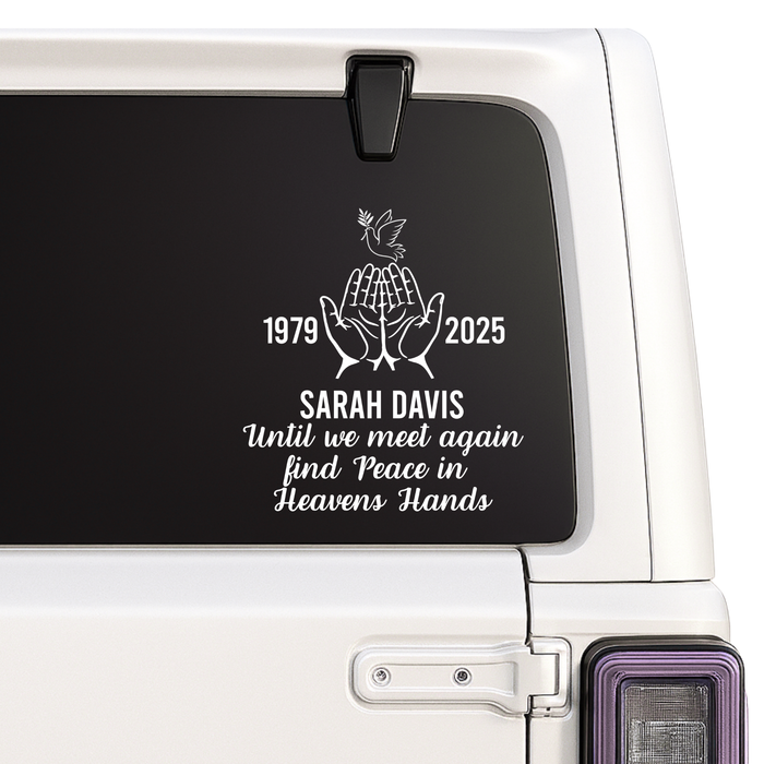Vinyl Decal with hand design, text, and a black background on a vehicle window.