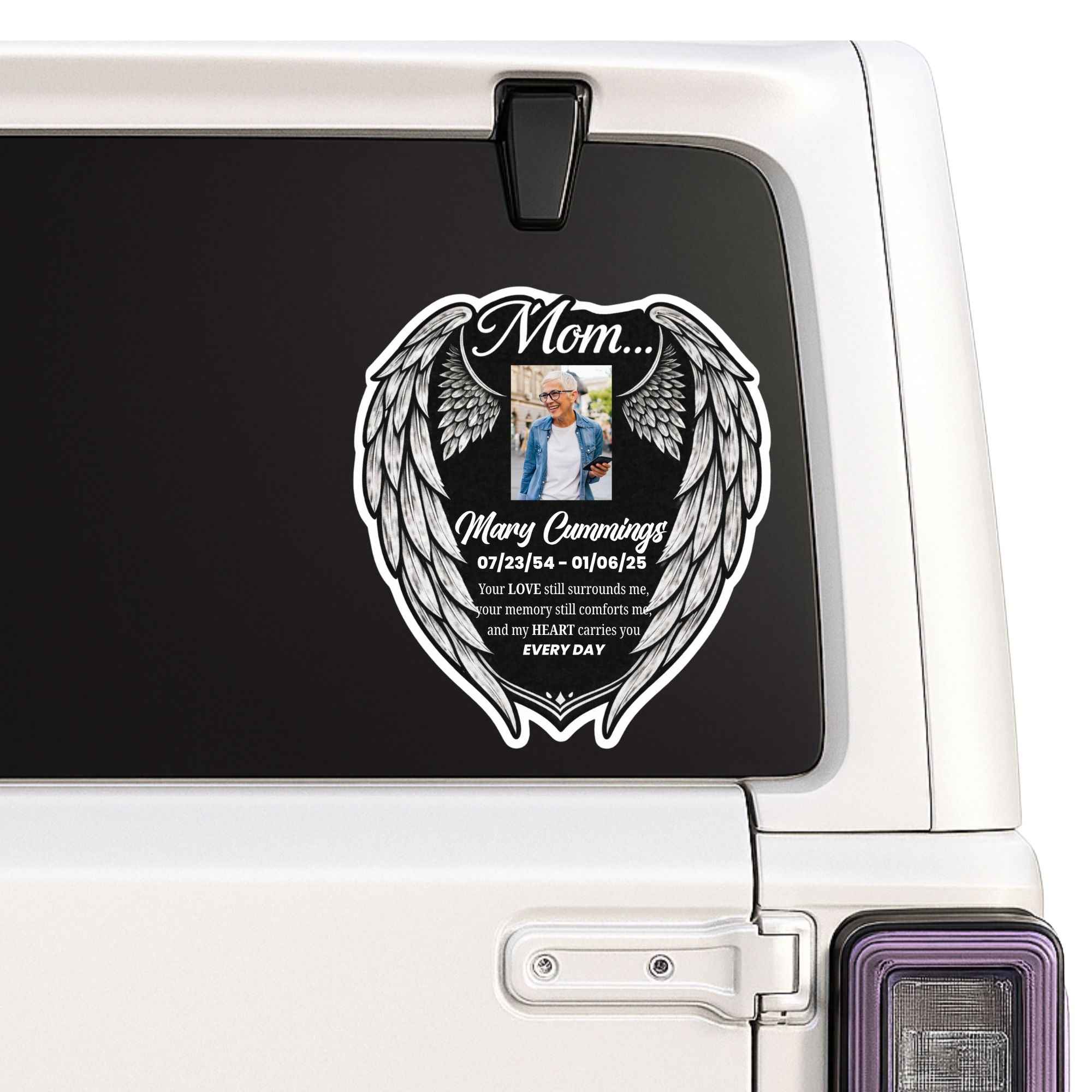 Personalized Mom Memorial Photo Sticker – Angel Wings Car Window Tribute