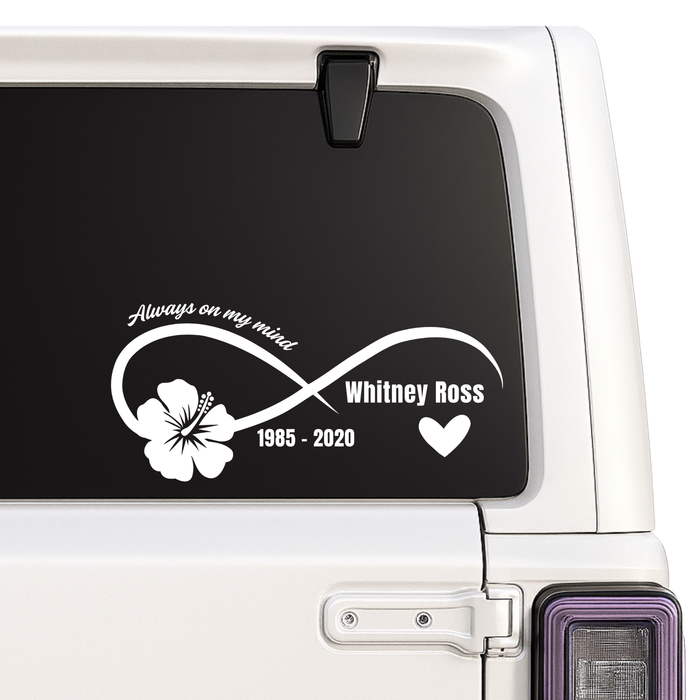 Memorial Car Decal | Infinity Design with Hibiscus Flower | Personalized Memorial Decals for Memory Boxes | Cars | Mirrors | Vases | Lanterns | Tumblers | Water Bottles | Laptops | Nostalgi Factory