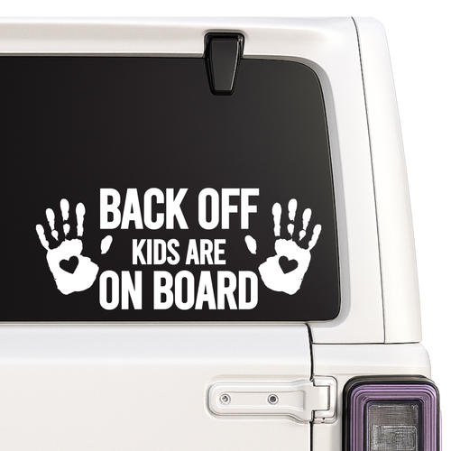 Back Off Kids Are On Board Car Decal Sticker | Handprint Design with Hearts | Vinyl Safety Warning Sign | Available in 5 Colors | Various Sizes Nostalgi Factory
