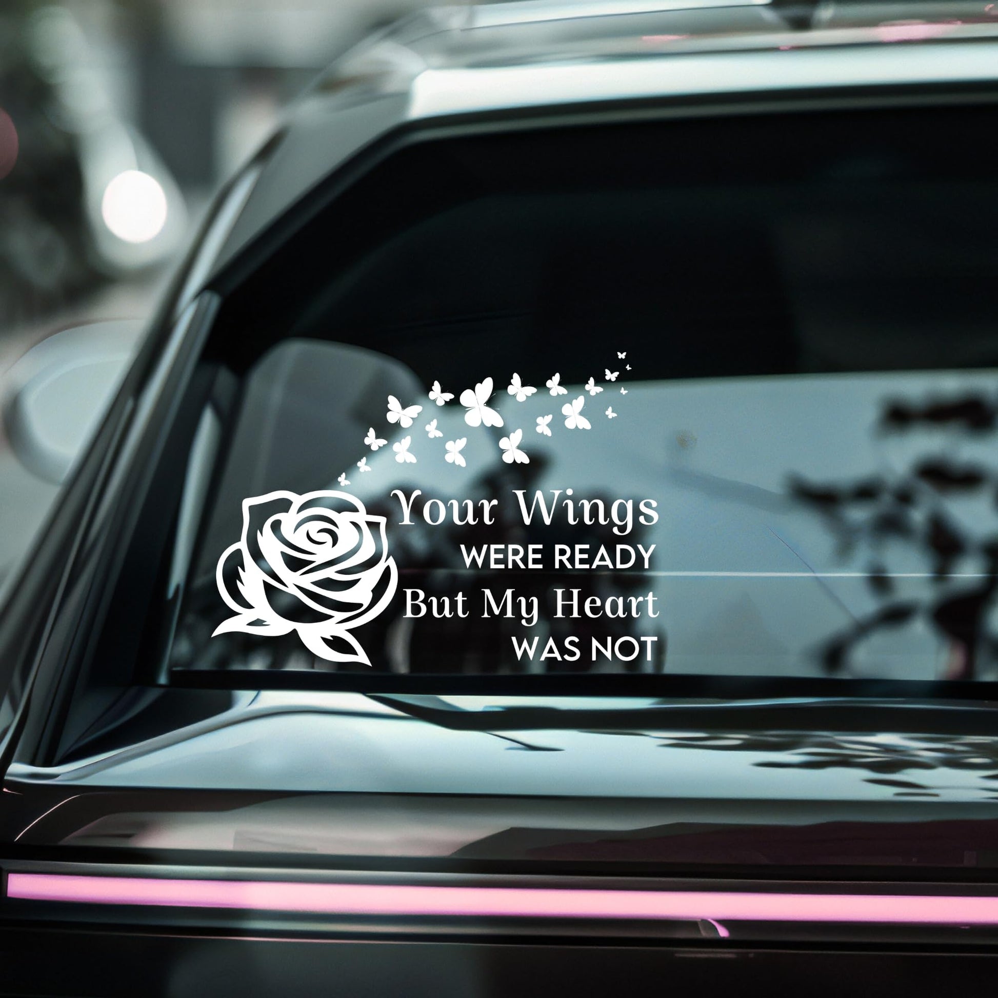 Rose Memorial Car Decal – 'Your Wings Were Ready' Quote with Butterflies | Vinyl Window Sticker | 5 Color Options for Tribute & Remembrance - Nostalgi Factory