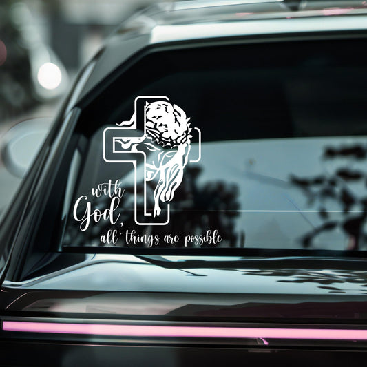 Religious Cross Vinyl Decal | With God All Things Are Possible | Car Window Sticker | Multiple Colors Available | Jesus - Nostalgi Factory