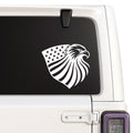 American eagle head — flowing stars-and-stripes design decal shown on a white Jeep window