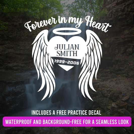 Forever in My Heart Memorial Decal | Custom Name with Wings | Waterproof Vinyl | Multiple Colors Available - Nostalgi Factory