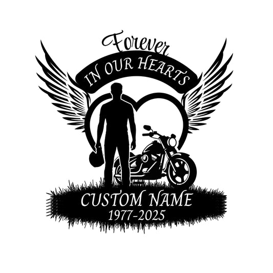 Motorcycle Memorial Car Decal | Forever in Our Hearts | Custom Vinyl Sticker | Available in 5 Colors - Nostalgi Factory