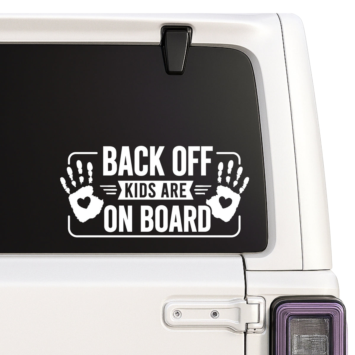 Back Off Kids Are on Board — outlined border version design shown on a white Jeep window