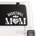 Basketball Mom — arched title, stars and heart basketball design shown on a white Jeep window