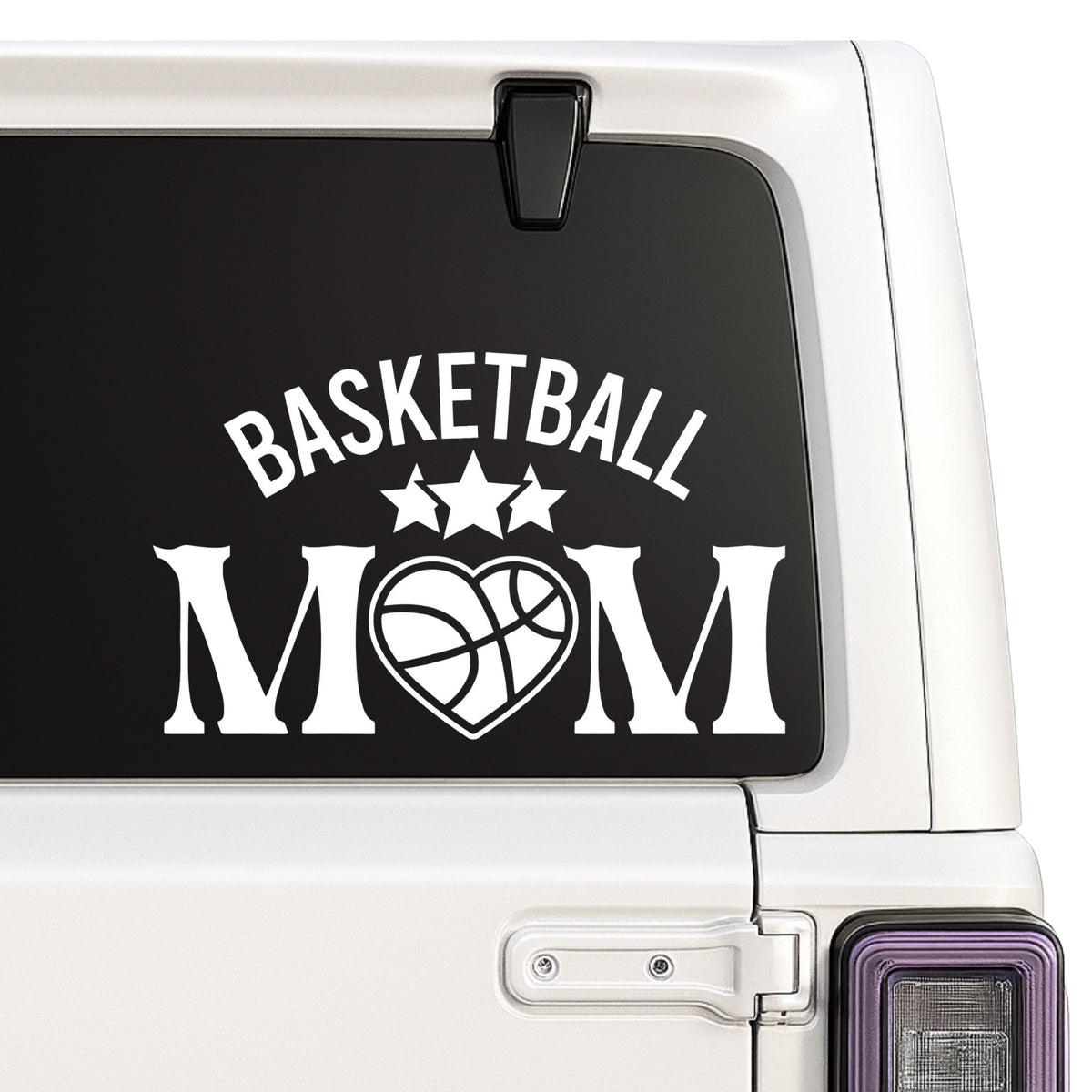 Basketball Mom — arched title, stars and heart basketball design shown on a white Jeep window