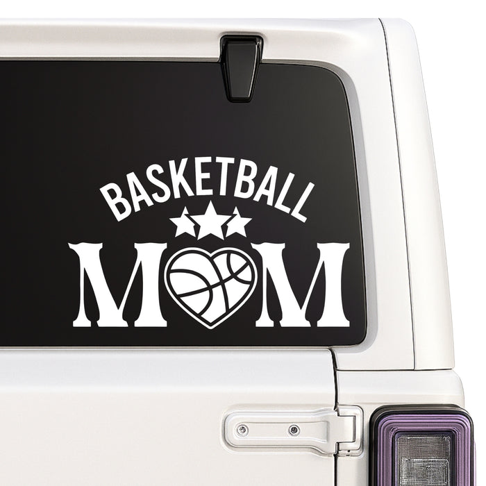 Basketball Mom — arched title, stars and heart basketball design shown on a white Jeep window