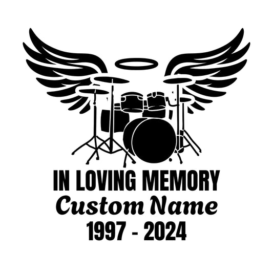 Drummer Loving Memory Memorial | Drum Set Angel Wings Car Decal | Customizable Memorial Vinyl Sticker | Multiple Colors - Nostalgi Factory