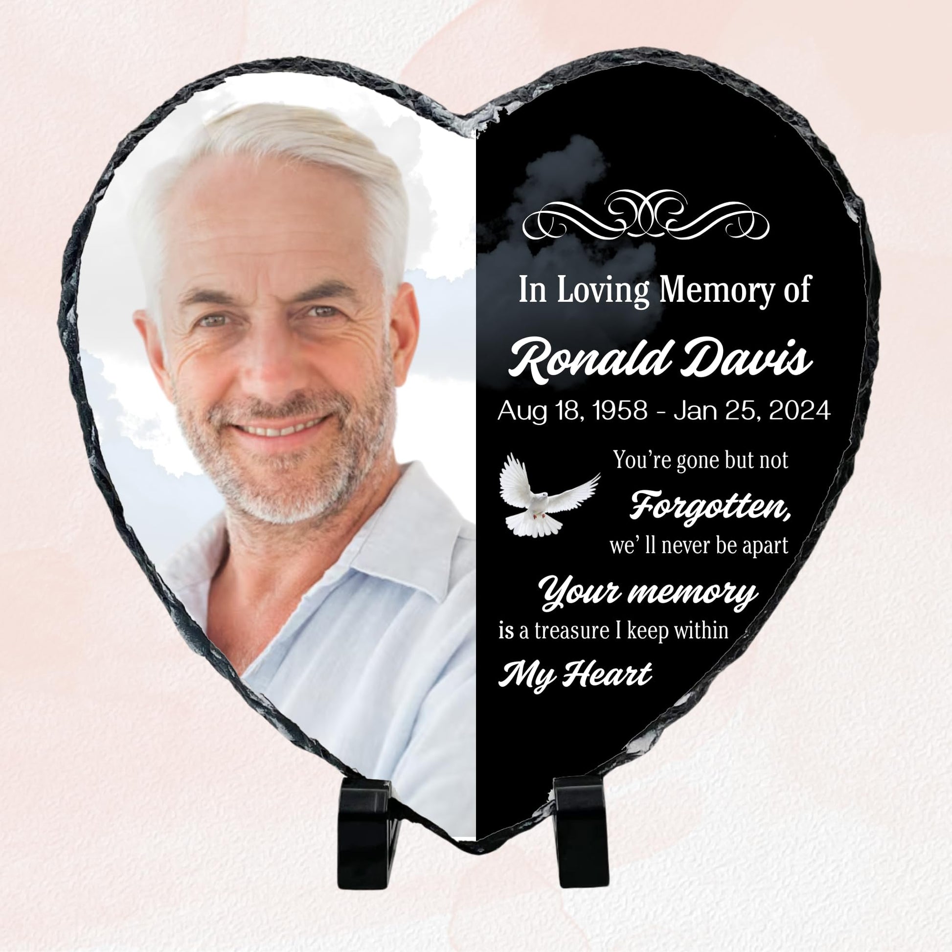 Personalized Memorial Heart Photo Slate | 2 designs | 7.87 x 7.87 inches | Natural Rock with Display Stand Included - Nostalgi Factory