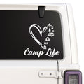 Camp Life — heart, mountains and camping icons decal shown on a white Jeep window