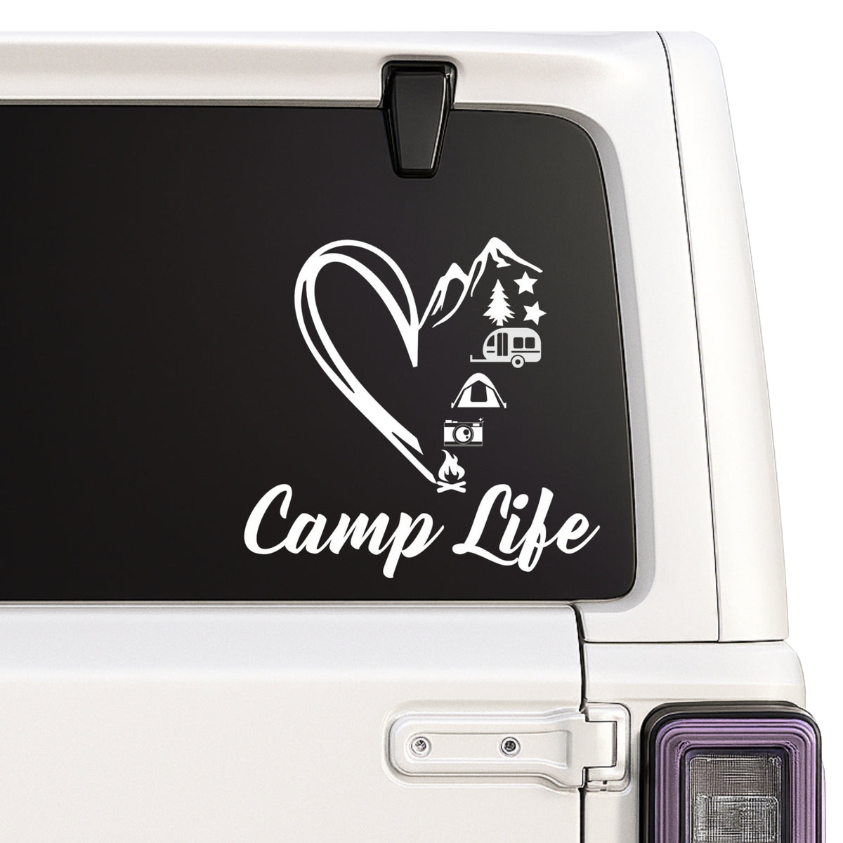 Camp Life — heart, mountains and camping icons decal shown on a white Jeep window