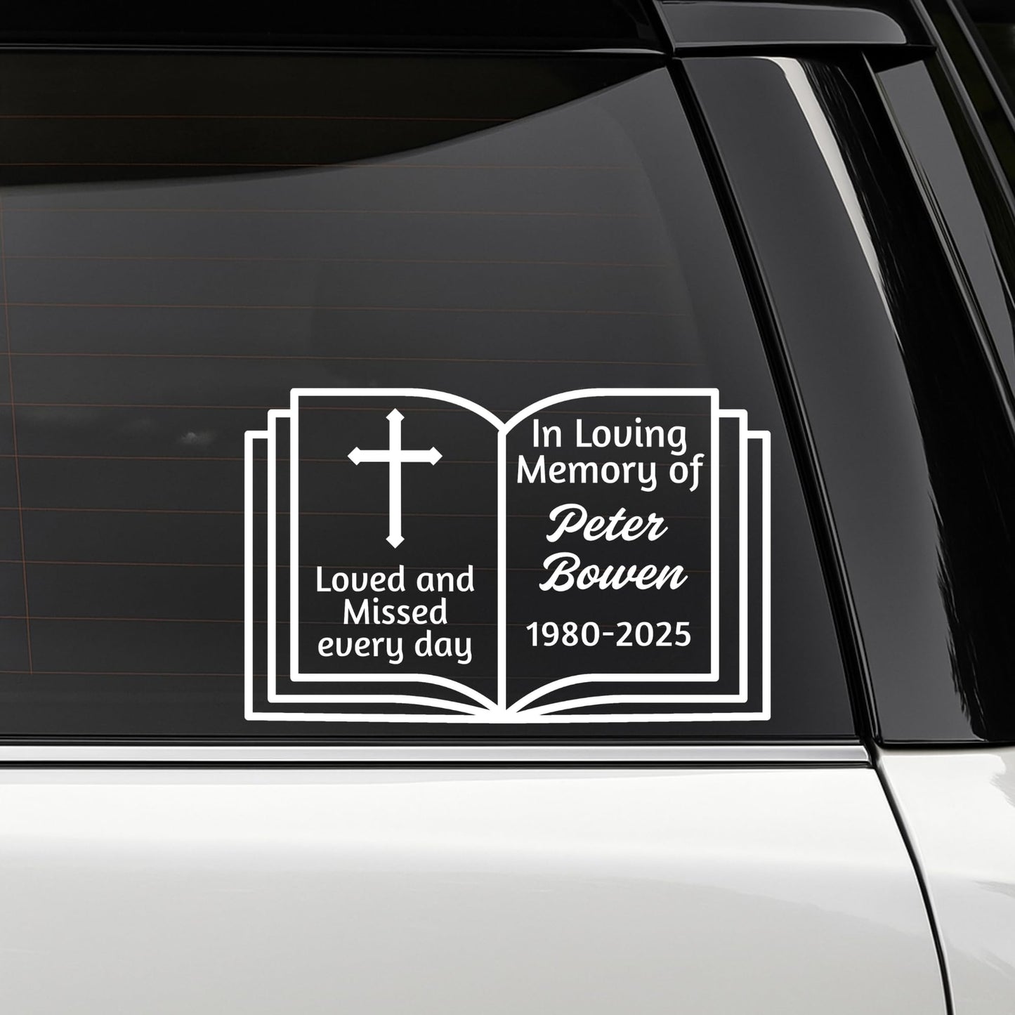 Memorial Car Decal |Loving Memory Bible Design with Cross | Customizable Vinyl Sticker | 5 Color Options - Nostalgi Factory