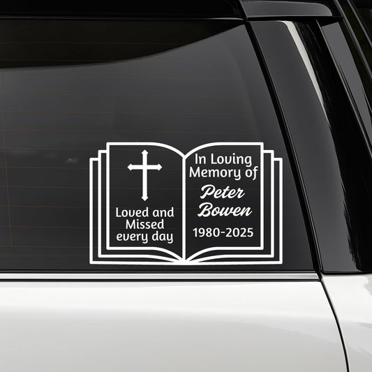 Memorial Car Decal |Loving Memory Bible Design with Cross | Customizable Vinyl Sticker | 5 Color Options - Nostalgi Factory