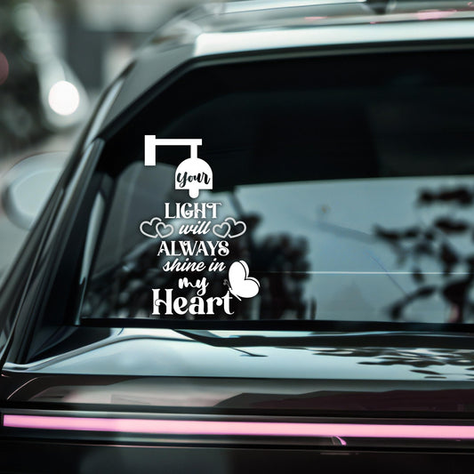 Inspirational Car Memorial Decal | Your Light Will Always Shine Quote | Vinyl Sticker with Hearts and Butterfly Design | Available in 5 Colors - Nostalgi Factory