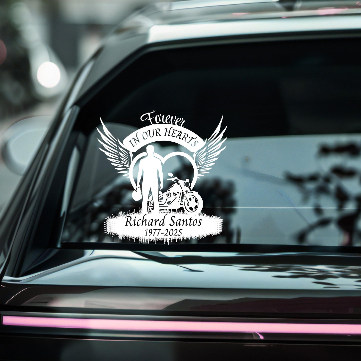 Motorcycle Memorial Car Decal | Forever in Our Hearts | Custom Vinyl Sticker | Available in 5 Colors - Nostalgi Factory