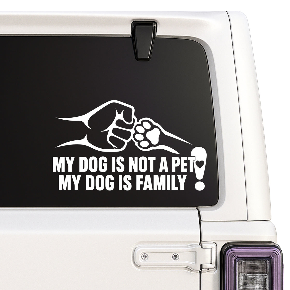 Dog Is Not a Pet, Dog Is Family — fist and paw design shown on a white Jeep window