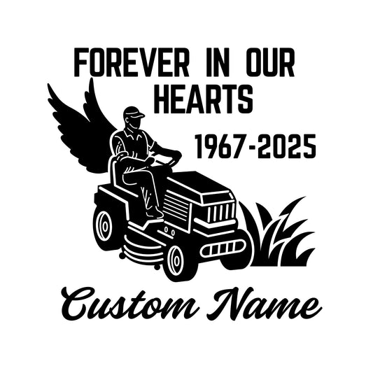 Memorial Lawn Mower Angel Wings Car Decal | Customizable Name | Forever in Our Hearts | Permanent Vinyl Sticker - Nostalgi Factory