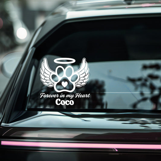 Personalized Pet Memorial Car Decal | Forever in my Heart | Customizable Name | Angel Wings Paw Print Design | Multiple Colors Available - Nostalgi Factory
