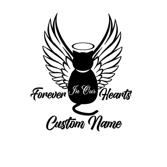 Pet Memorial Vinyl Decal | Forever In Our Hearts | Custom Name | Angel Wings Cat Design | Multiple Colors Available | Application Instructions Included - Nostalgi Factory