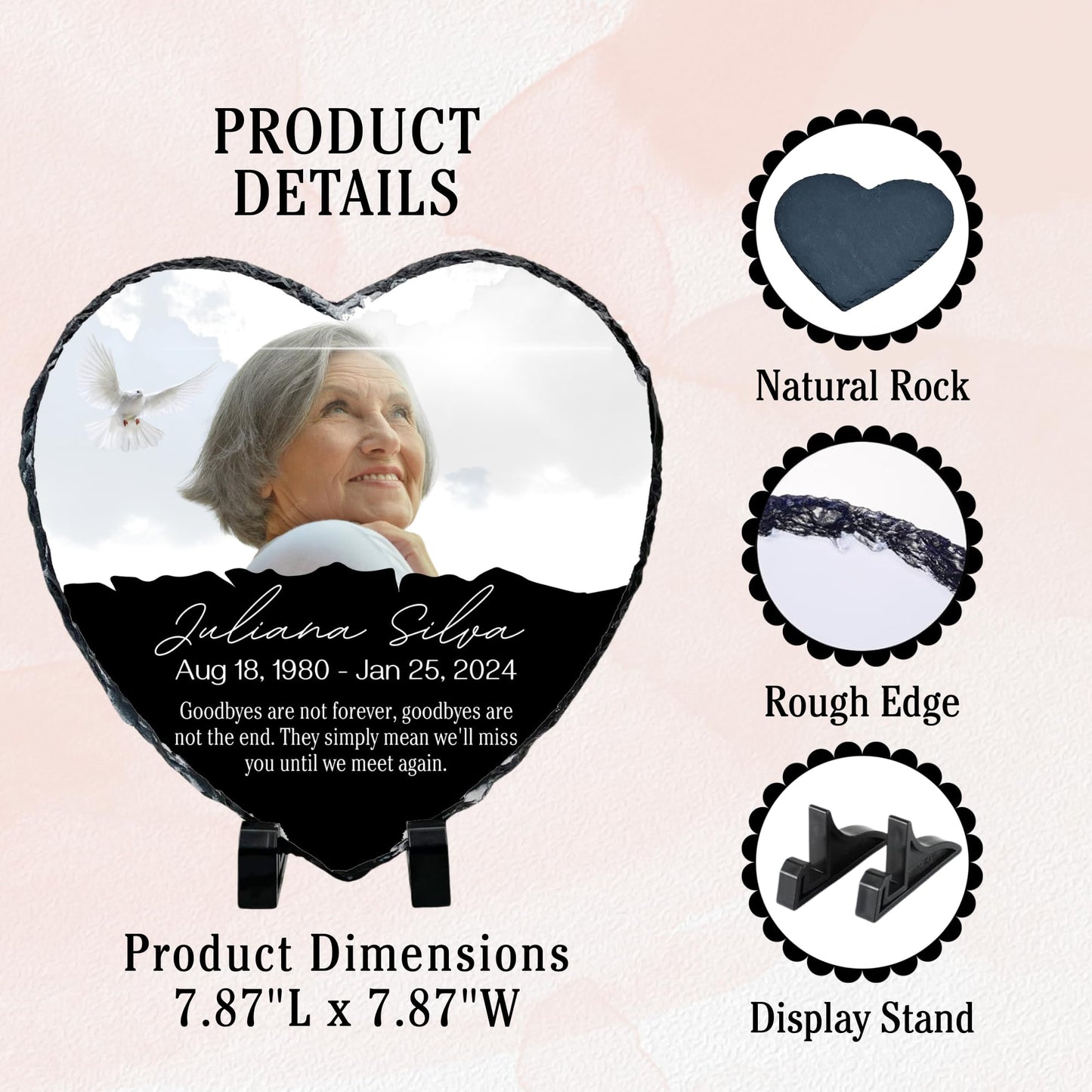 Personalized Memorial Heart Photo Slate | 2 designs | 7.87 x 7.87 inches | Natural Rock with Display Stand Included - Nostalgi Factory