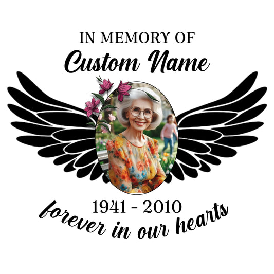 Personalized Memorial Photo Design with Angel Wings | Personalized Portrait | Sticker Decal | Black and White Tribute Display with Color Photo - Nostalgi Factory