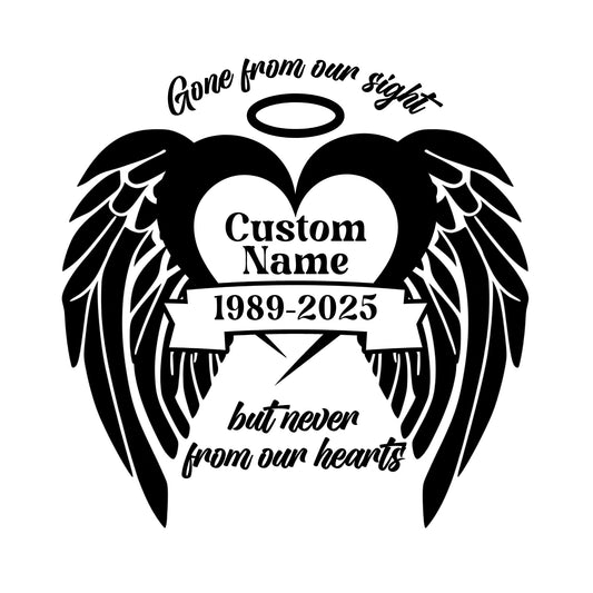 Memorial Angel Wings Car Decal | Customizable Vinyl Sticker | Gone from our sight but never from our hearts | 5 Color Options - Nostalgi Factory