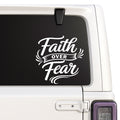 Faith Over Fear — ribbon lettering without nail cross design shown on a white Jeep window