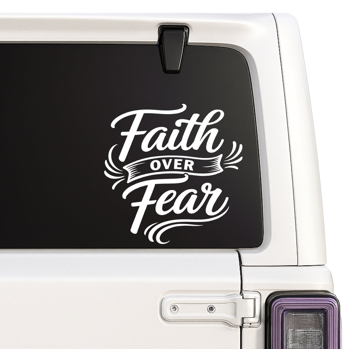 Faith Over Fear — ribbon lettering without nail cross design shown on a white Jeep window