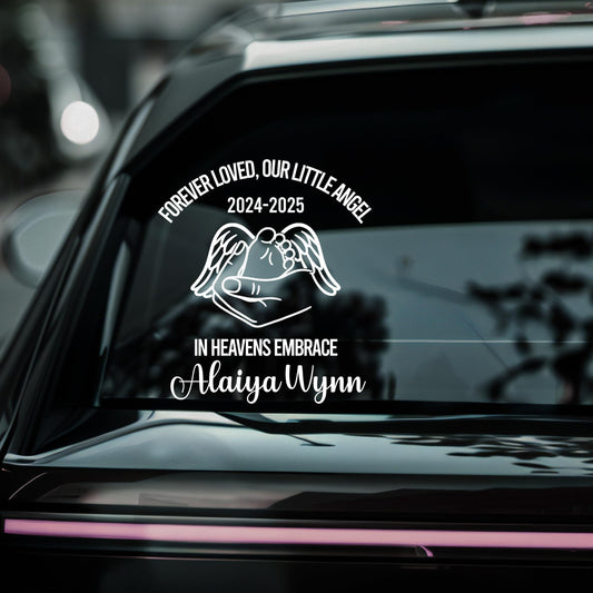 Personalized Baby Memorial Car Decal | In Heaven's Embrace | Newborn | Customizable Angel Design - Nostalgi Factory