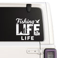 Fishing Life — large LIFE lettering and fishing scene design shown on a white Jeep window