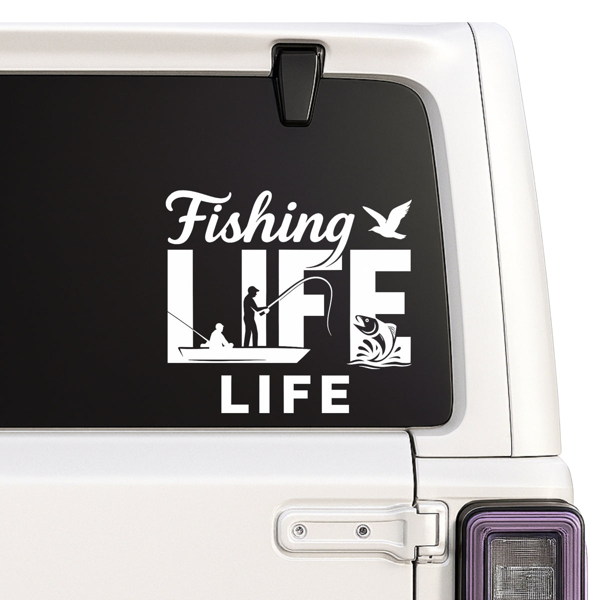 Fishing Life — large LIFE lettering and fishing scene design shown on a white Jeep window