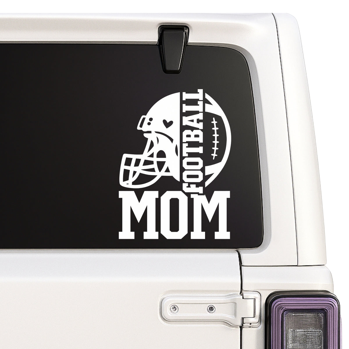Football Mom — helmet and football design shown on a white Jeep window