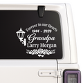 Personalized white Forever in Our Hearts lantern and roses memorial car window decal with Grandpa, name and years