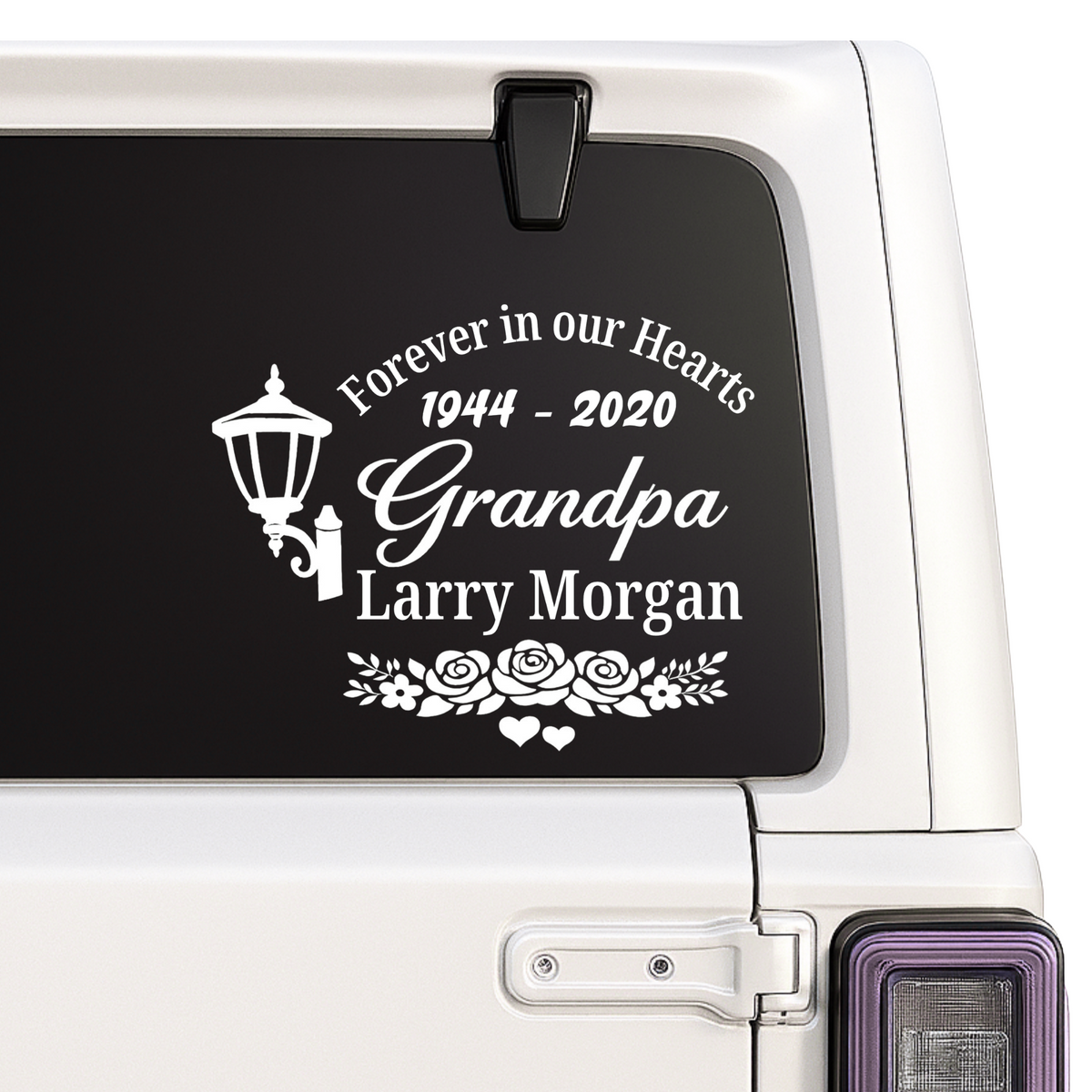 Personalized white Forever in Our Hearts lantern and roses memorial car window decal with Grandpa, name and years