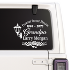 Personalized white Forever in Our Hearts lantern and roses memorial car window decal with Grandpa, name and years